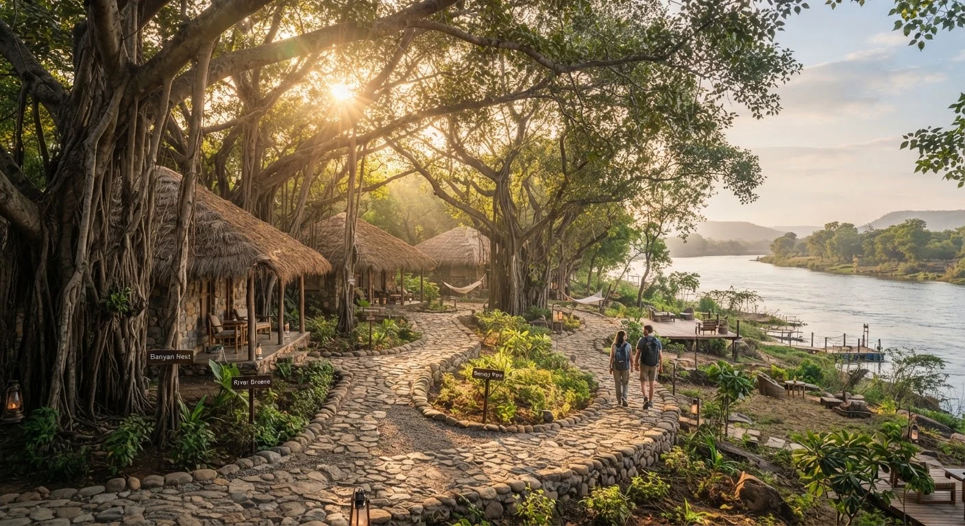 Expansive morning sunlight shining through ancient banyan trees over traditional thatched cabanas and curved stone paths leading to the river at Camp Arannya Vadodara.