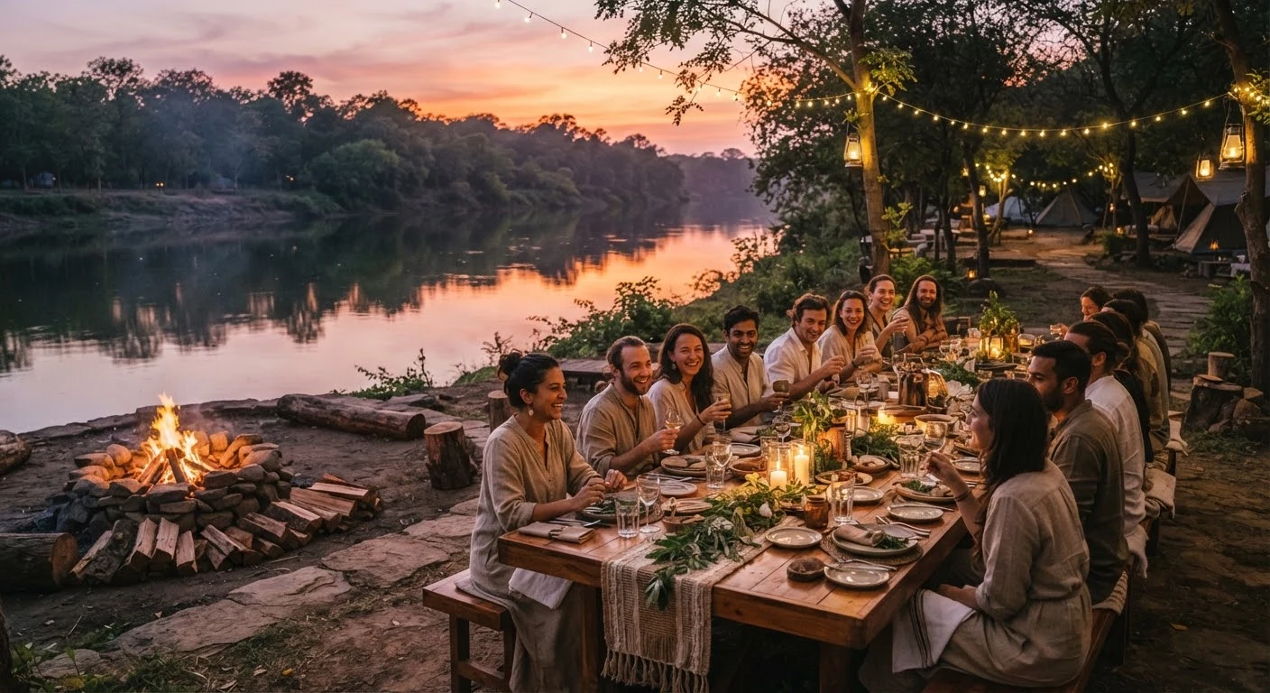 Long communal dining table laid out outdoors with fire pit and sunset reflections on river at Camp Arannya Vadodara.