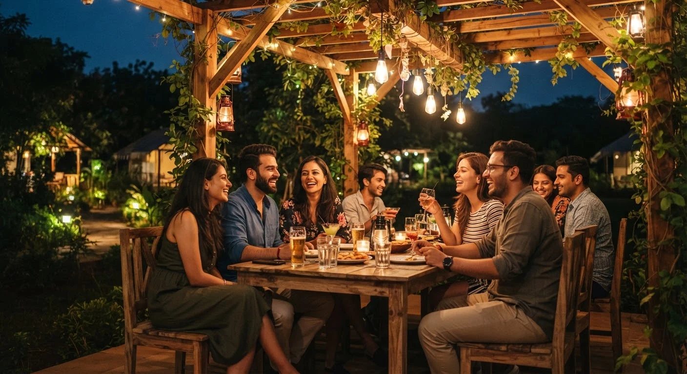 Young professionals and friends conversing cheerfully under illuminated garden pergola at Anand Retreat Camp Arannya Vadodara.