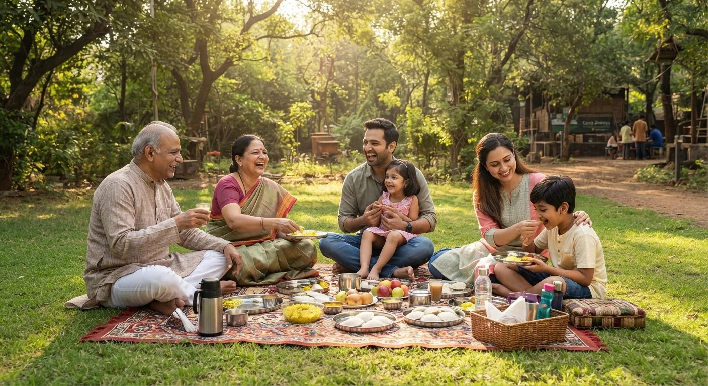 A warm multi-generational Indian family seated on a traditional rug enjoying an outdoor picnic breakfast under shaded trees on sunny green lawns at Camp Arannya Vadodara.