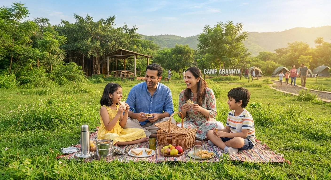 Indian family having a cheerful picnic on green grass in the morning light at Camp Arannya Vadodara Gujarat.