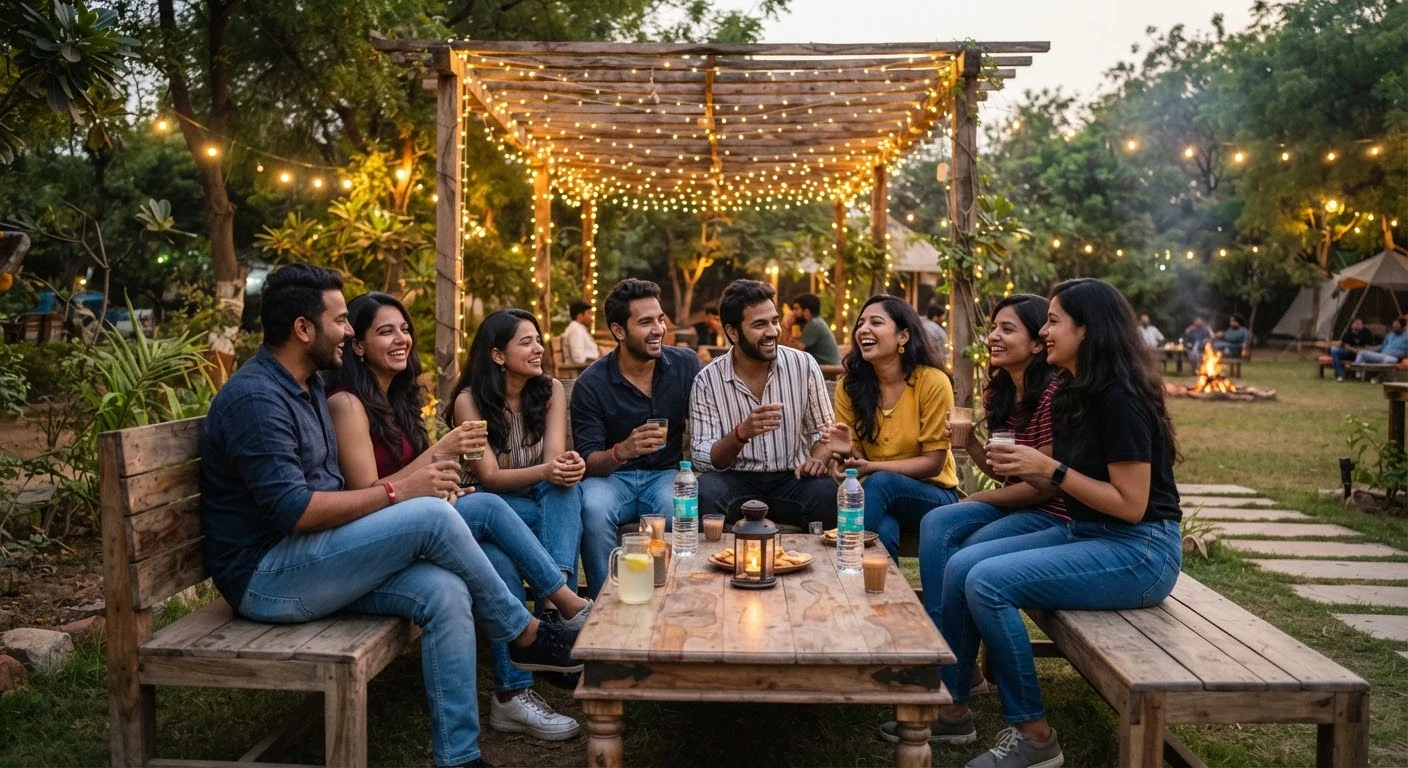 A cheerful group of college friends and young colleagues seated together on wooden outdoor garden benches under illuminated wooden pergola string lights at Camp Arannya Vadodara.