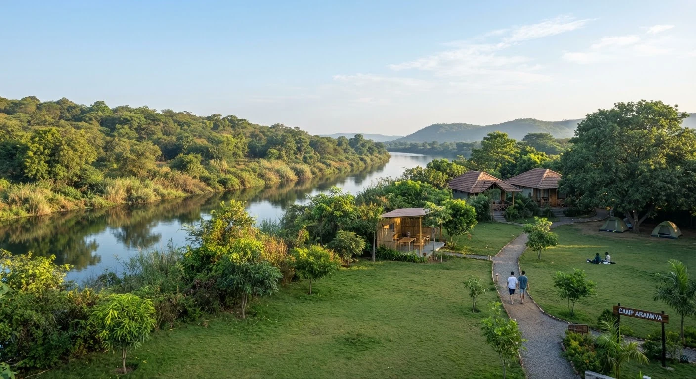 A tranquil nature vista at Camp Arannya featuring riverbank vegetation, sprawling lawns, and serene trees under clear blue morning skies in Vadodara Gujarat.