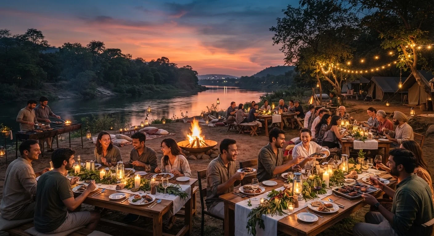 An atmospheric sunset riverbank dinner at Camp Arannya with glowing bonfire pit, warm candlelit tables, hanging fairy lights, and guests enjoying grilled food under twilight orange sky.